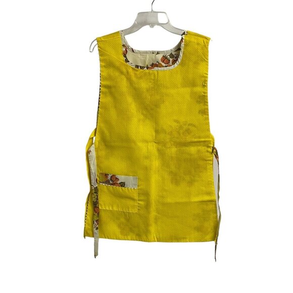 Women Yellow Orange Reversible Bib Apron Fruit Floral Pattern Vintage Autumn - Picture 3 of 14